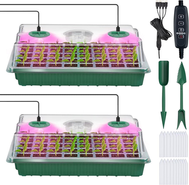 YAUNGEL Indoor Greenhouse with Plant Lamp, 2 Pack XL Growing Set Mini Greenhouse with Timing Controller Adjustable Brightness, Thickened Greenhouse with Lid and Ventilation, Green