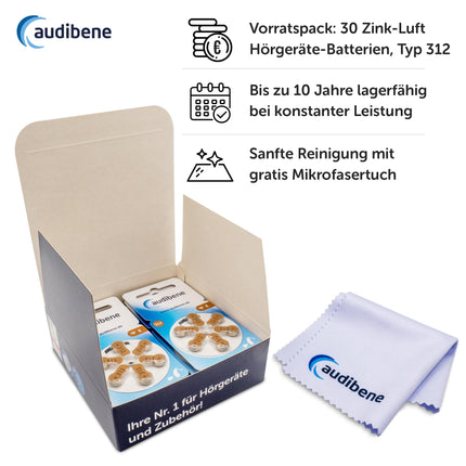 audibene hearing aid batteries type 312 brown, batteries for hearing aids, 60-pack, Made in Germany, including FREE cleaning cloth, Wireless Approved, mercury-free