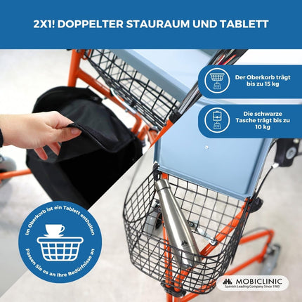 Mobiclinic, Caleta model, Rollator, Walker for seniors and disabled people, With 3 wheels, Foldable walking aid, Steel, Adjustable, Basket, Carrying bag, Brakes on the levers, Orange