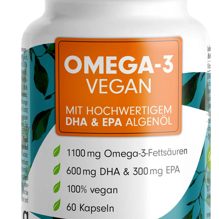 Omega-3 vegan capsules 60x - 2000 mg algae oil per day - high dosage: 600 mg DHA + 300 mg EPA - high-quality Omega-3 algae oil capsules with DHA &amp; EPA (2:1)