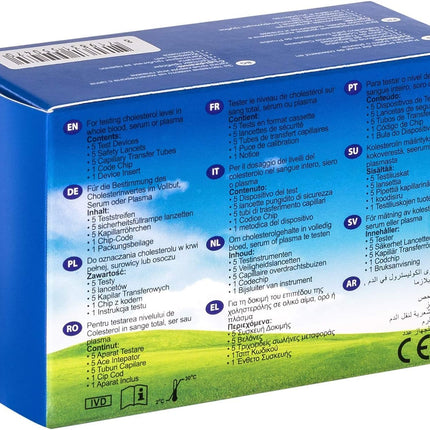 Swiss Point of Care Mission 3 in 1 test strips and other measuring accessories | 5 cholesterol test strips, including 5 transfer tubes, 1 code chip, and 1 device insert