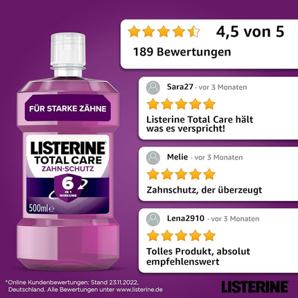 LISTERINE Total Care Tooth Protection (500 ml) - Test winner Stiftung Warentest, 6 in 1 effect, 24h fresh breath, protects against cavities &amp; gum problems, antibacterial mouthwash
