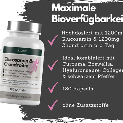 Glucosamine Chondroitin high dose - 1200 mg per day - with turmeric, frankincense, hyaluronic acid, vitamin C, collagen &amp; piperine - 180 capsules, laboratory-tested