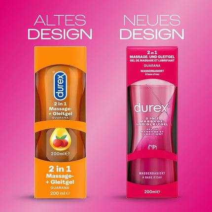 Durex 2-in-1 Massage Gel – Water-based lubricant for sensual love massages – 2 x 200 ml in a dispenser (Aloe Vera and Guarana)