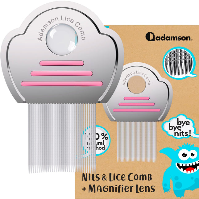 Adamson Lice Comb for Children - Lice Comb - Stainless Steel Extra Fine Nit Comb - Effective Lice Comb - Durable and Easy to Clean - Pink