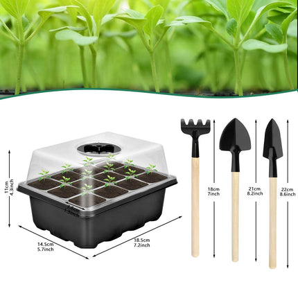 2 pieces indoor greenhouse cultivation, mini greenhouse cultivation set, cultivation tray with lid, plastic cultivation trays with 3 small garden tools, 12 holes, ideal for seed germination and plant growth