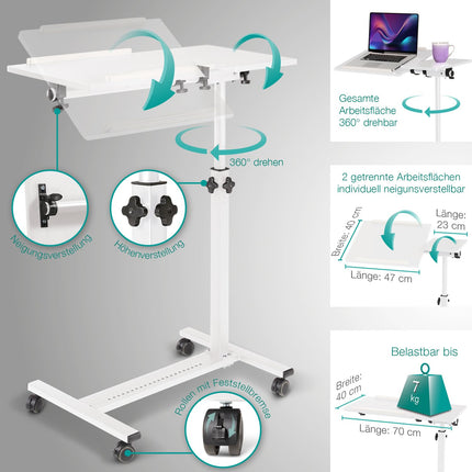 ELONEO maxVitalis mobile overbed table on casters, height-adjustable/width-adjustable standing table, tiltable/foldable tabletop, bedside table for hospital bed, nursing bed, laptop table (white)