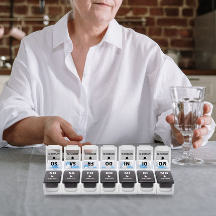 Opret German pill box 7 days 2 compartments morning evening, removable pill box 7 days 2 compartments, pill box medication box 7 days tablets weekly box pill box pill box 14 compartments