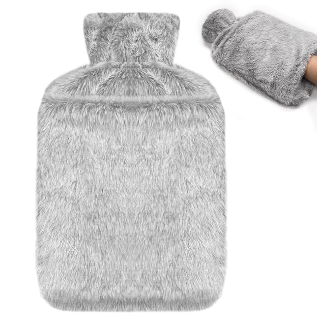 Jsdoin Hot Water Bottle with Cover - 2.0L Leak-Proof Hot Water Bottle, Natural Rubber + Fluffy Hot Water Bottle, Hot Water Bottle for Neck and Shoulder, Back, Legs, and Waist Warming (Gray)