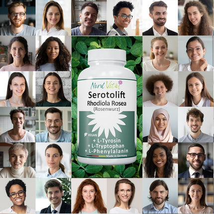 Nord Vital Serotolift - Serotonin and Dopamine Precursors - Rhodiola Rosea, L-Tryptophan, L-Tyrosine, L-Phenylalanine, Chromium, Zinc, Vitamins D3, B5, B6, B9 and B12 - Vegan - Made in Germany