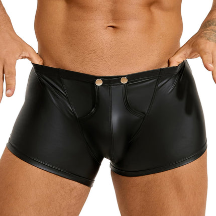 Sexy boxer shorts men with opening PU leather underwear with pouch large sizes wetlook underpants with buttons sissy lingerie men sexy underwear erotic shorts briefs hipster gay clubwear (black, M)
