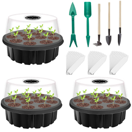 Indoor greenhouse cultivation box, 3 pieces 39 cells, mini greenhouse cultivation set, cultivation tray with cover, greenhouse plastic cultivation trays, with 5 small gardening tools + 30 plant labels (black)