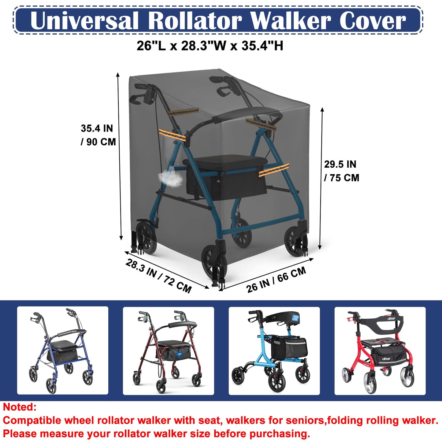 Abdeckung Rollator,Robuste 420D Rollator Abdeckung Wasserdicht,Universell Schutzabdeckung für Meisten Rollatoren,Wasserdicht Rollator Zubehör mit 4 Reflektorstreifen,4 Schnallen,Lüftungsschlitze