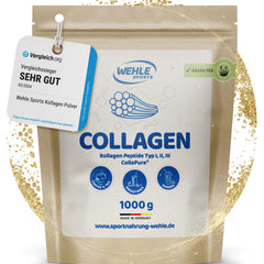 Collagen Powder 1 KG - Bioactive Collagen Hydrolysate Peptides, Protein Powder, Tasteless, Wehle Sports Made in Germany Collagen Type 1, 2 &amp; 3 Lift Drink 1000g