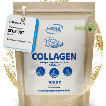 Collagen Powder 1 KG - Bioactive Collagen Hydrolysate Peptides, Protein Powder, Tasteless, Wehle Sports Made in Germany Collagen Type 1, 2 &amp; 3 Lift Drink 1000g