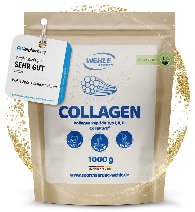 Collagen Powder 1 KG - Bioactive Collagen Hydrolysate Peptides, Protein Powder, Tasteless, Wehle Sports Made in Germany Collagen Type 1, 2 &amp; 3 Lift Drink 1000g