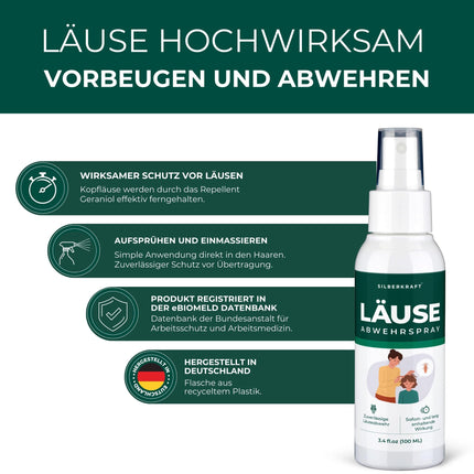 Silberkraft Lice Repellent Spray 100 ml, odorless lice remedy suitable for children, head lice repellent spray preventative, long-term prevention of head lice (100 ml)