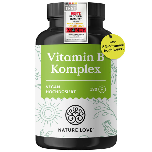 NATURE LOVE® Vitamin B Complex – High Dose: With 500 µg Vitamin B12 – 180 Capsules (6 months) – all 8 B vitamins (B1, B2, B3, B5, B6, B7, B9, B12) – vegan, laboratory-tested and produced in Germany