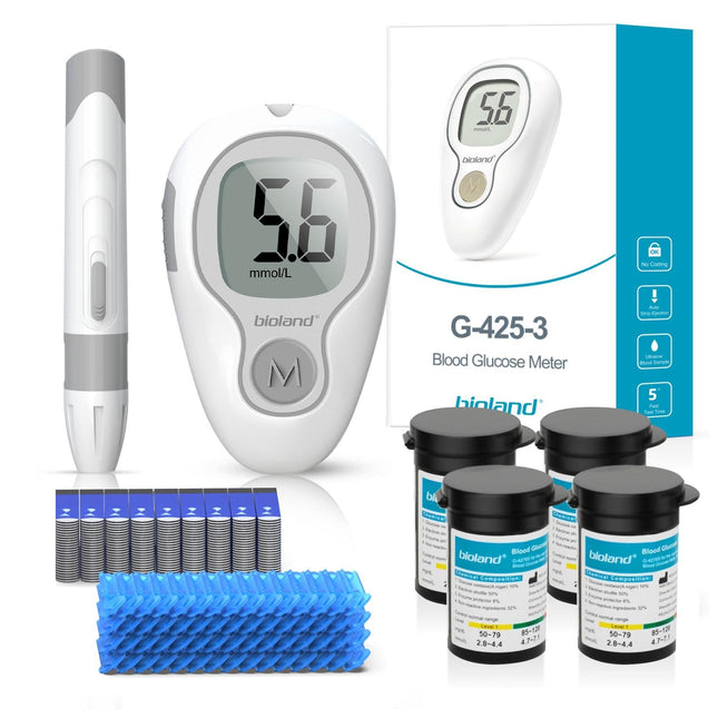 Blood glucose meter set, 100 test strips, 100 lancets, 1 blood glucose meter, 1 lancing device, diabetes test set without coding, glucometer with large display, glucometer for home use