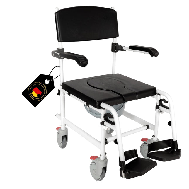 Akriva Mobile Aluminum Commode Chair - Mobile Commode Chair with Padded Seat and Bucket - Commode Wheelchair