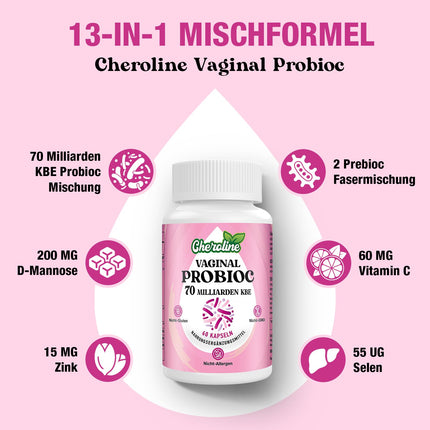 Cheroline Vaginal Probiotics for Women, 70 Billion CFU, 7 Strains with Prebiotic Blend, 13-in-1 Intimate Flora Probiotics, Vegan Capsules (60 Capsules (1 Pack))