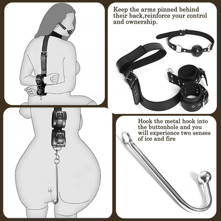 BDSMAGE Bondage Set with Anal Hook, Restraints Sex Set Handcuffs Collar Gag Blindfold Erotic, BDSMs Toys Hard, SM Sex Toys Extreme Couples (Black)
