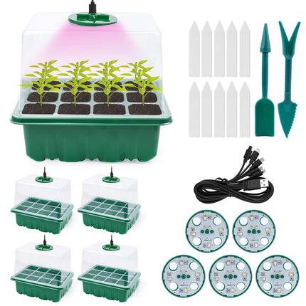 Mini greenhouse cultivation, 5 pieces indoor greenhouse cultivation box with light, greenhouse cultivation tray with high lid, seedling starter trays, cultivation set, 10 labels, 2 tools, for seedling plant