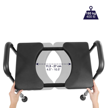 KMINA - Raised Toilet Seat with Armrests, Adjustable Seat, Toilet Seat Riser, Commode Chair for Seniors, 180 kg, Black - Made in Europe