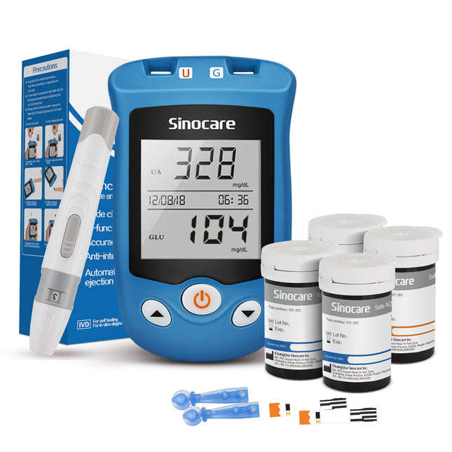 sinocare uric acid blood glucose meter, Safe AQ UG blood glucose meter set with 50 blood glucose test strips and 50 uric acid test strips (Safe UG kit with test strips 50+50)