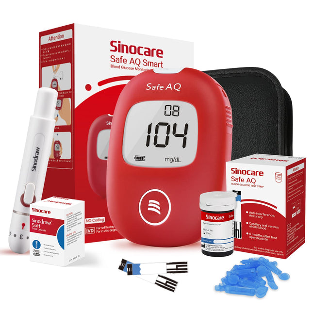 Sinocare blood glucose meter, mg/dL, blood glucose meter set with test strips x25, self-test diabetes kit, portable for travel (Safe AQ smart)