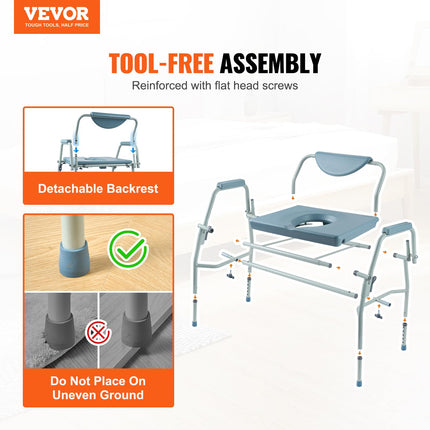 VEVOR Commode Chair Bedside Commode with Fold-Down Arms and Removable Backrest, 5-Level Height Adjustable 50-62 cm, Removable 7-Liter Bucket, Easy to Assemble, 453.6 kg Capacity