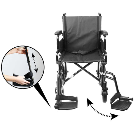 Lightweight folding wheelchair (steel construction 15 kg), foldable armrests and footrests, puncture-proof tires