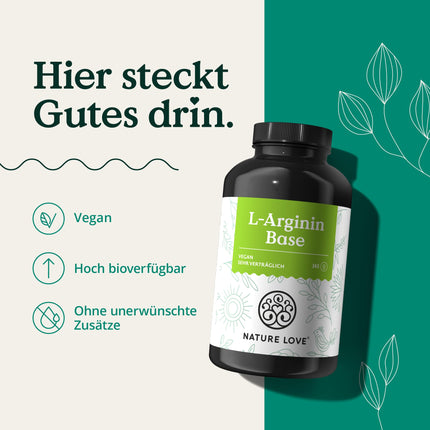 NATURE LOVE® L-Arginine Base with Citrulline - 365 Capsules - High-quality plant-based arginine in BASE form with 99.7+% purity - High-dose, vegan, produced in Germany