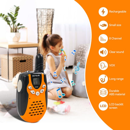 Retevis RT602 Walkie Talkie Kids 8 Channels PMR446 Children's Two-Way Radio with Rechargeable Batteries Flashlight VOX LCD Display Toy Spy Gear Gifts for Children (1 Pair, Orange)