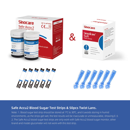 Blood glucose test strips, test strips blood glucose 50 for sinocare Safe Accu2 blood glucose meter, sugar test strip set