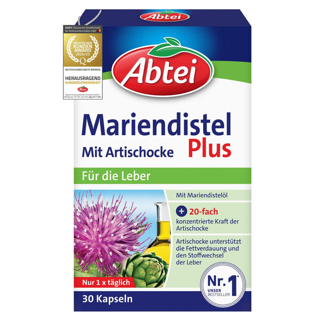 Abtei Milk Thistle Plus with Artichoke - supports liver function - promotes fat digestion - naturally effective - 30 Capsules