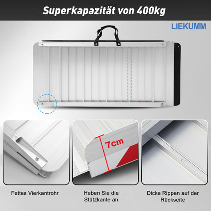LIEKUMM wheelchair ramp 127 cm, 85 cm widened wheelchair ramp for stairs, 400 kg load capacity aluminum ramp for wheelchairs, steps, curbs, threshold ramp for electric wheelchairs, strollers