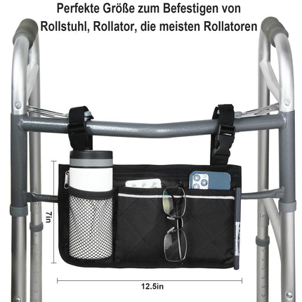 Wheelchair storage bag armrest pocket with cup holder and reflective strip, for most wheelchairs, walking frames or rollators (black)