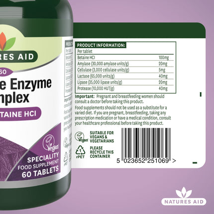 Nature's Aid Digestive Enzyme Complex with Betaine Hydrochloride 60 Vegan Tablets