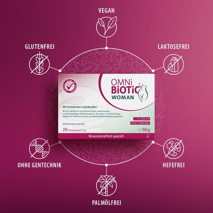 OMNi BiOTiC WOMAN, 28 servings, 4 bacterial strains, 10 billion germs per daily dose, Powder, Vegan, Gluten-free, Lactose-free, For daily use, Simply drink