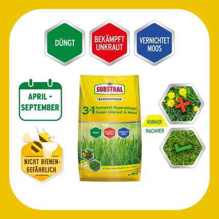 Substral 3-in-1 complete lawn fertilizer, 14 kg for 400 m² lawn area, with weed killer and moss killer
