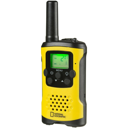 National Geographic Walkie-Talkie Set of 2, compact radios with a very long range of up to 6 km, hands-free function and integrated flashlight, black and yellow, 9111450