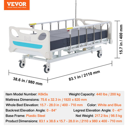 VEVOR Premium 3-Function All-Electric Hospital Bed, Electric Medical ICU Bed with Mattress and IV Pole, Hand Control and 5-Inch Locking Casters for Use