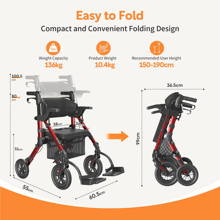 VOCIC 2 in 1 Wheelchair Rollator Foldable and Lightweight with Seat, Outdoor Rubber Tires for All Terrain, Lightweight Rollators with Mesh Bag, Aluminum Walking Aid Transport Chair, Red (5 Year Warranty)