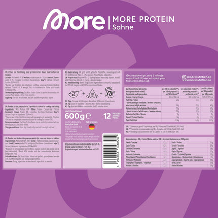 MORE Protein, cream, 600 g, mix of whey concentrate and casein, ideal for building and maintaining muscle, with lactase, perfect for cooking and baking - made in Germany (packaging may vary)