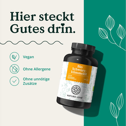 NATURE LOVE® Organic Black Cumin Oil - 240 vegan capsules - high dosage: 1000mg Egyptian per daily dose - of which 50% linoleic acid - cold-pressed, naturally produced and laboratory-tested