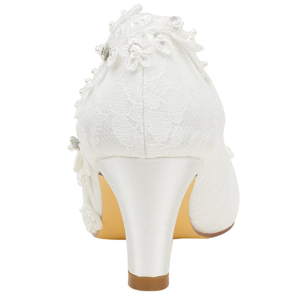 Emily Bridal Wedding Shoes Women Silk-like Satin Chunky Heel Pumps with Stitching Lace Flower Crystal Pearl, Ivory, 40 EU (7 UK)