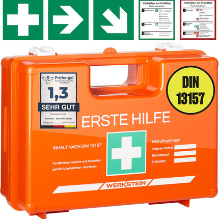 First aid kit with contents according to the new DIN 13157:2021 I First aid case including practical wall mount, 5x stickers &amp; seal I First aid kit for companies, institutions &amp; home