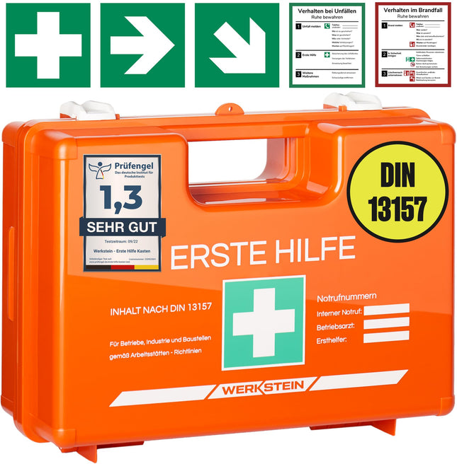 First aid kit with contents according to the new DIN 13157:2021 I First aid case including practical wall mount, 5x stickers &amp; seal I First aid kit for companies, institutions &amp; home
