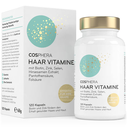 Cosphera Hair Vitamins - Highly concentrated with biotin, selenium, and zinc to help maintain normal hair. Plus folic acid and millet seed extract (rich in silicon) - 120 vegan capsules in a 2-month supply.